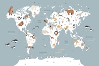 Map with animals mural blue carta da parati