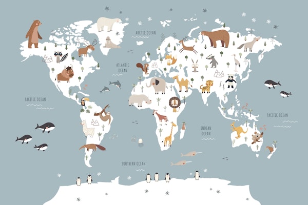 Map with animals mural blue