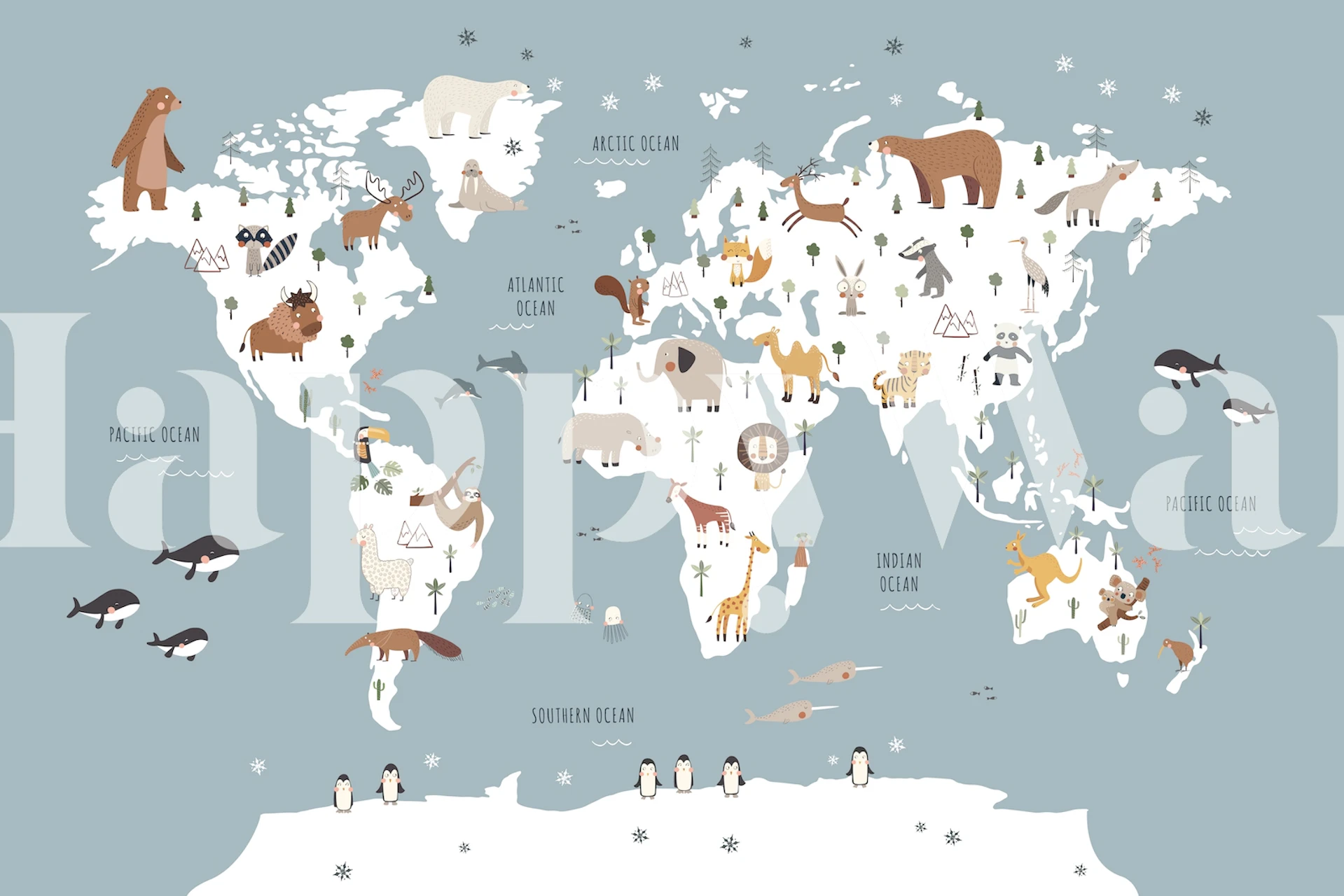 Animal world map wallpaper with blue background and illustrations of various animals