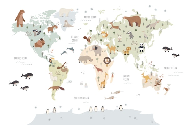 Colored World map with animals