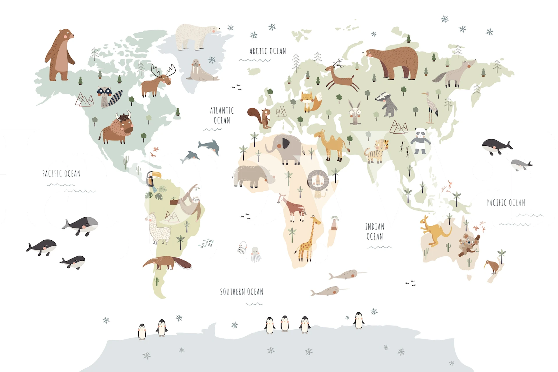 Colored world map with animals in pastel tones wallpaper