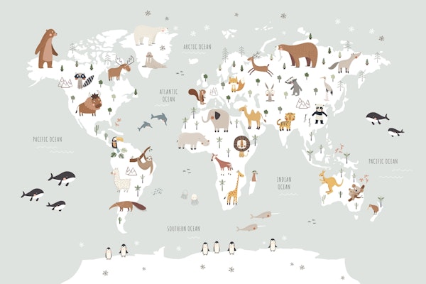 World map with animals mural