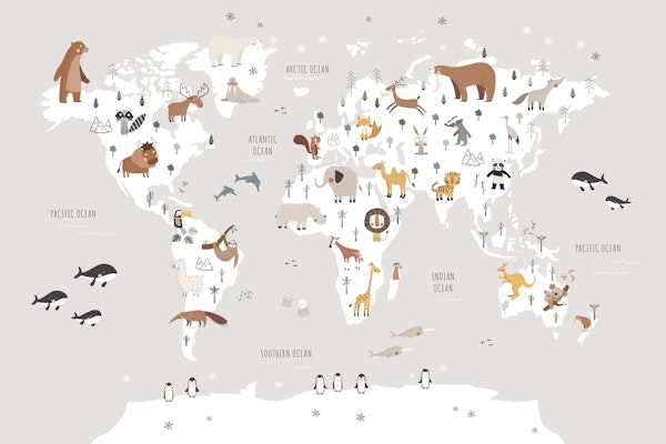 World map with animals gray