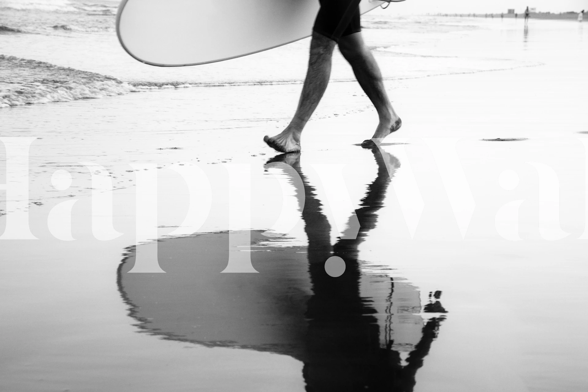 Silhouette of a surfer walking on the beach with a surfboard in black and white wallpaper