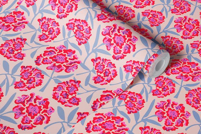 RHODODENDRONS Retro Floral Fuchsia Pink Smallwallpaper roll