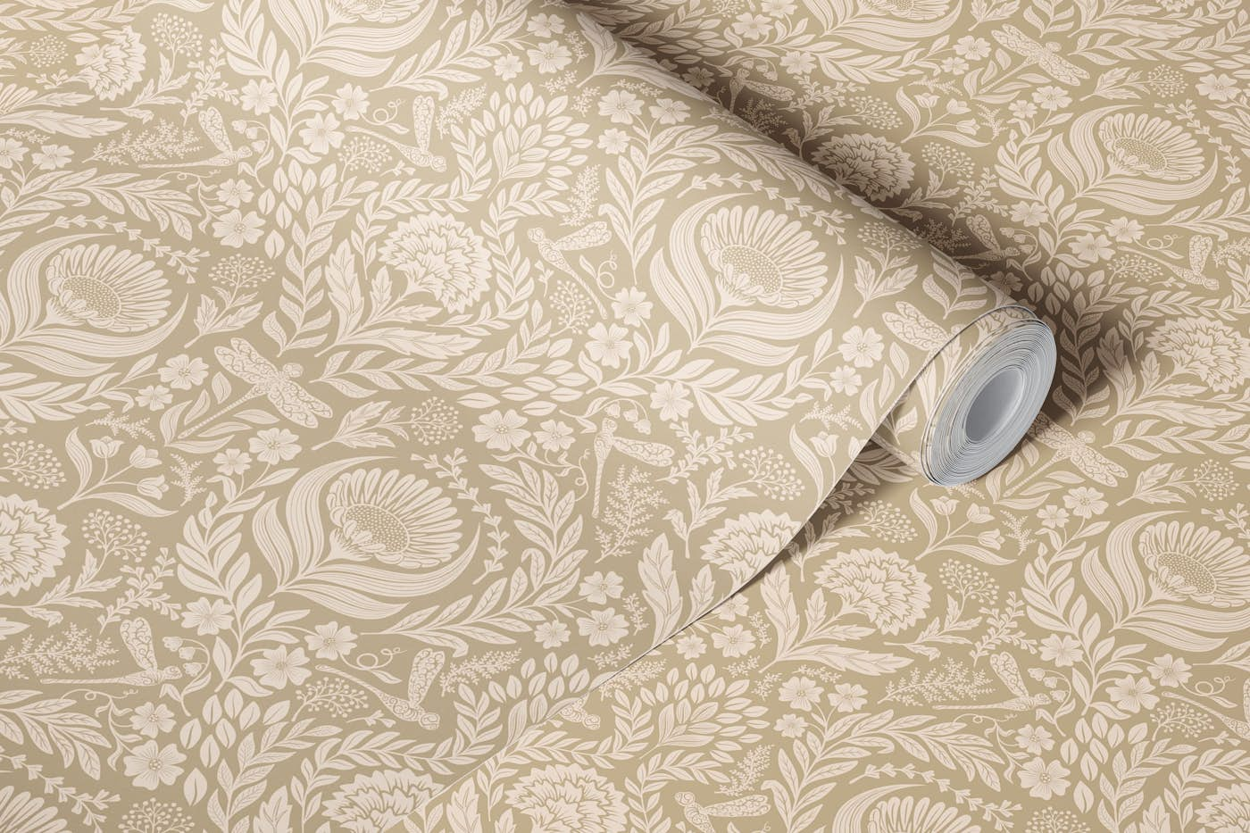 Victorian dragonflies damask tan wallpaper roll