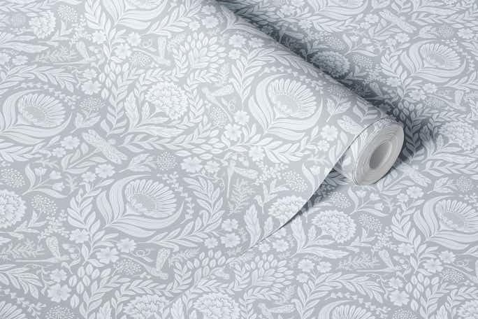 Victorian dragonflies damask - icy greywallpaper roll