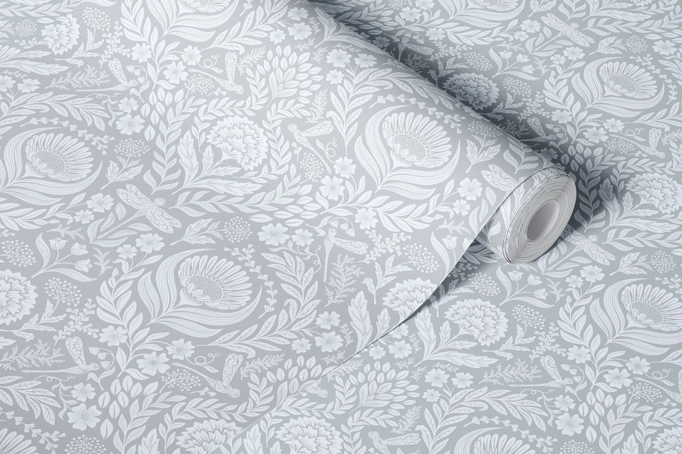 Victorian dragonflies damask - icy grey wallpaper roll