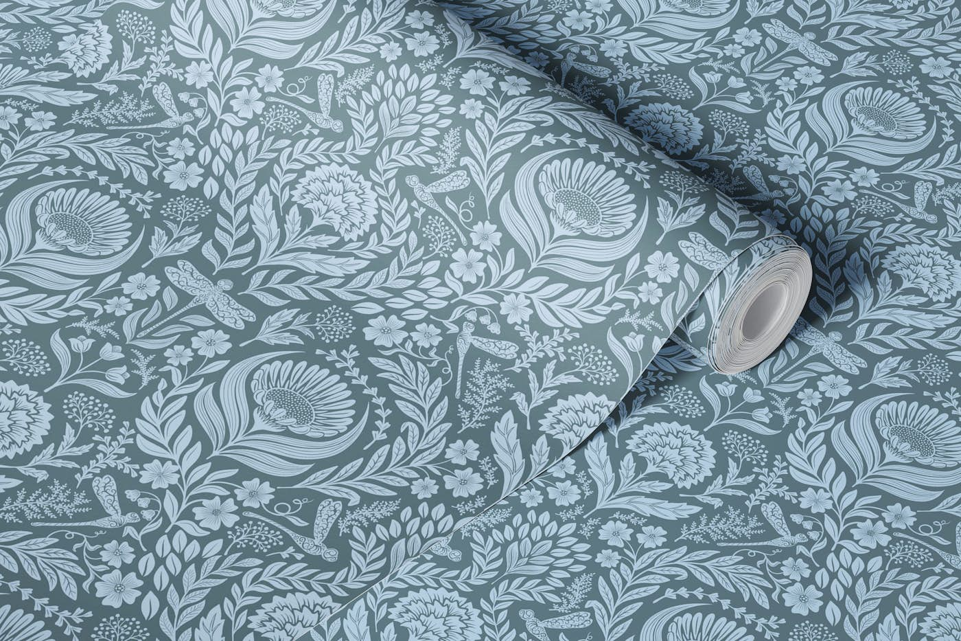 Victorian dragonflies damask - grey wallpaper roll