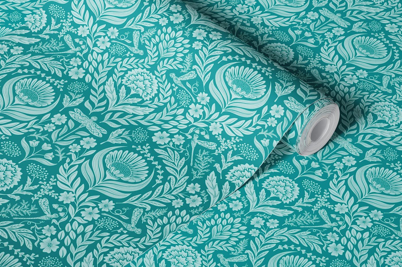 Victorian dragonflies damask - teal wallpaper roll