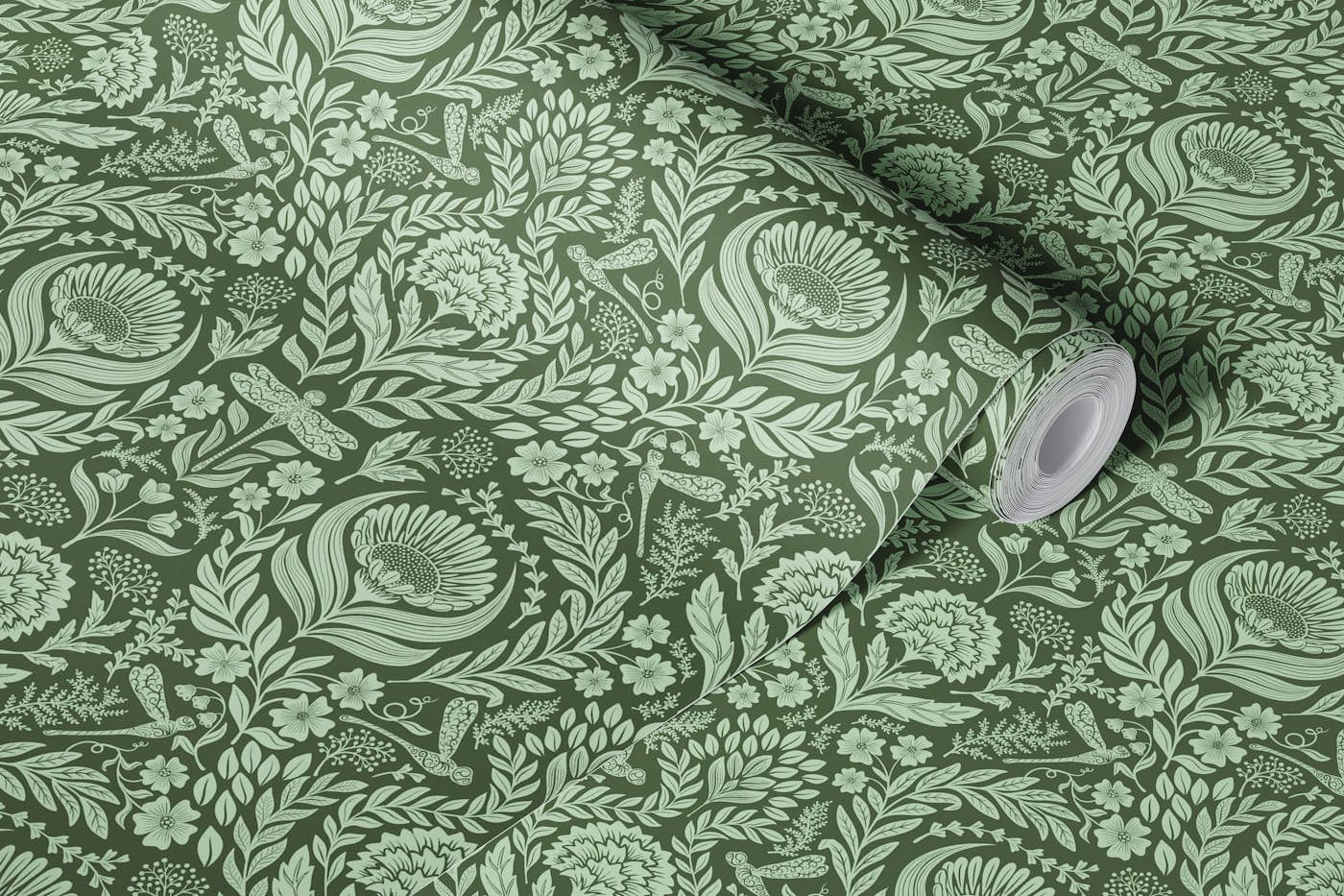 Victorian dragonflies damask - green wallpaper roll