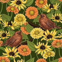 Wrens and flowers on green papiers peint