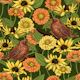 Wrens and flowers on green
