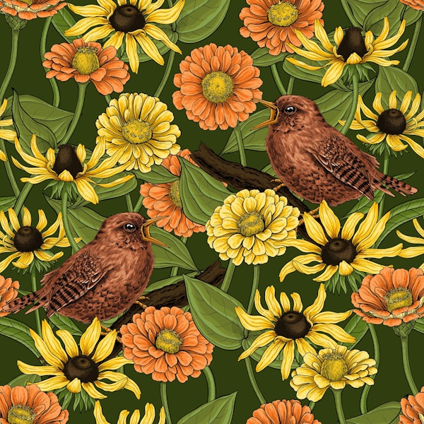 Wrens and flowers on green