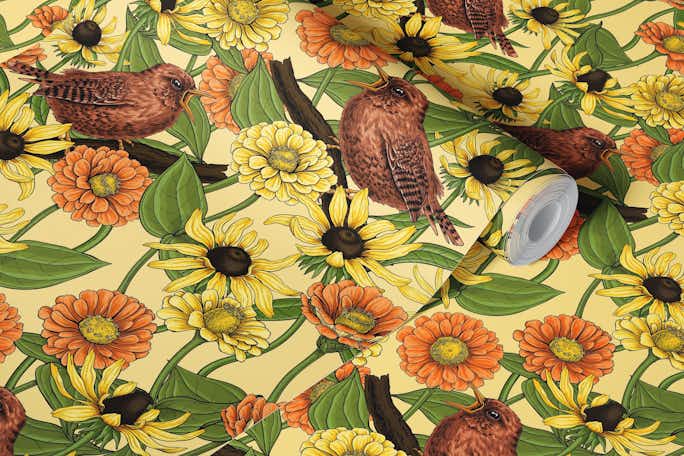 Wrens and flowers on pale yellowwallpaper roll