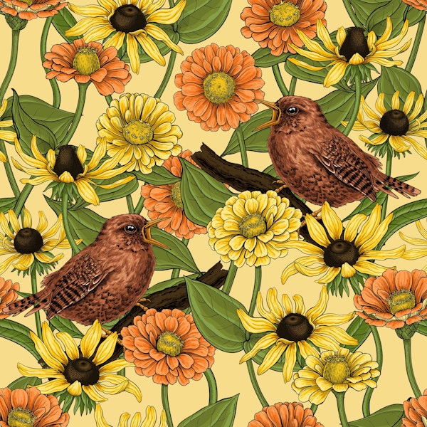 Wrens and flowers on pale yellow
