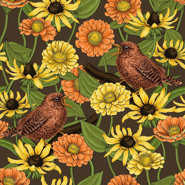 Wrens and flowers on brown