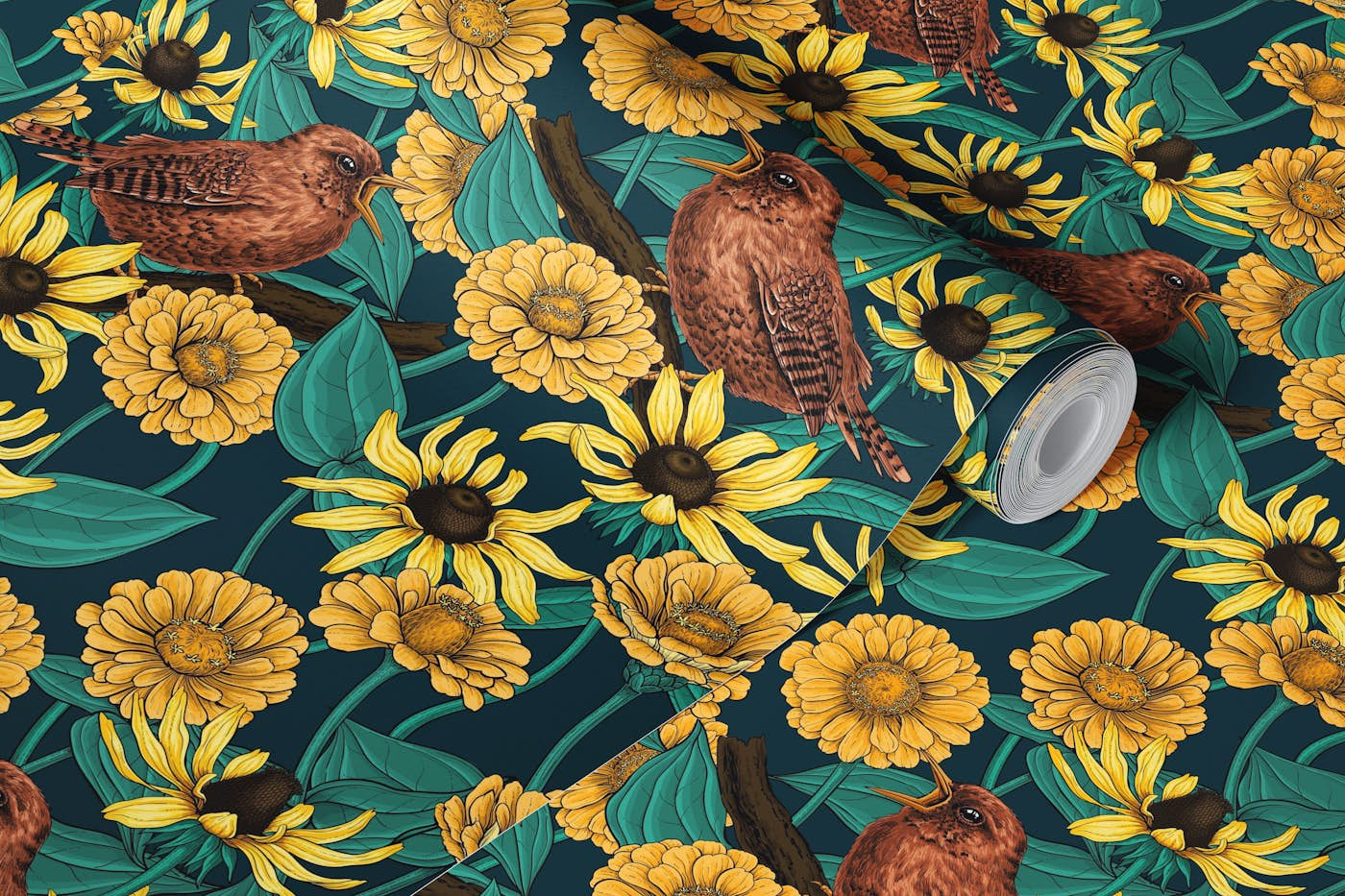 Wrens and flowers on dark blue wallpaper roll