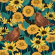 Wrens and flowers on dark blue