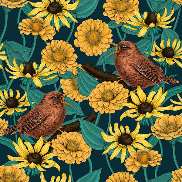 Wrens and flowers on dark blue