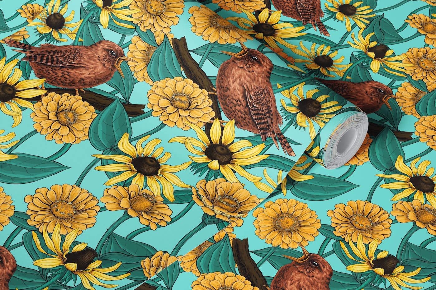 Wrens and flowers on light blue wallpaper roll