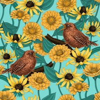 Wrens and flowers on light blue ταπετσαρία