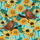 Wrens and flowers on light blue