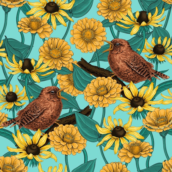 Wrens and flowers on light blue