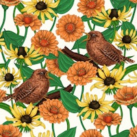 Wrens and flowers on off white ταπετσαρία