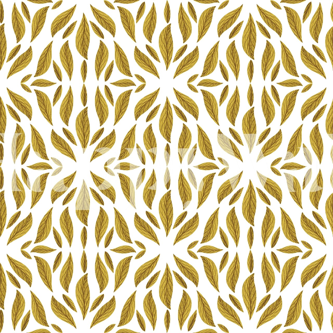 Senapsgult stiliserat lövmönster på vit fondtapet