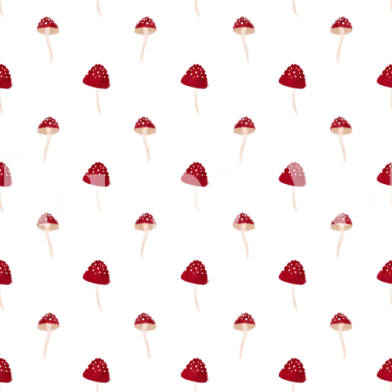 Whimsical red and white mushroom wall mural pattern