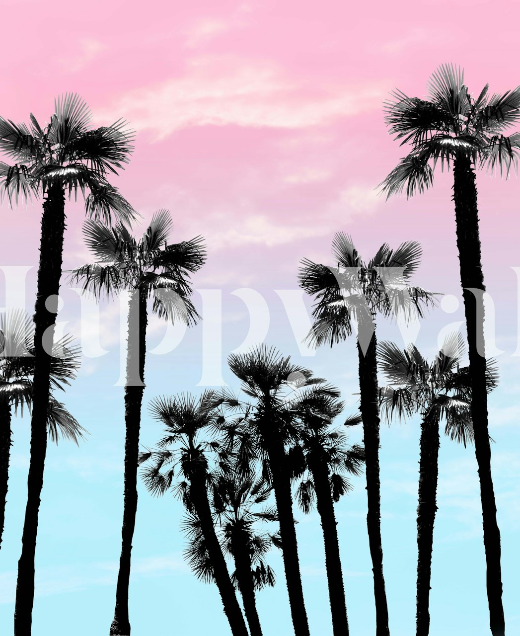 Silhouette of tropical palm trees against a pastel pink and blue sky wallpaper