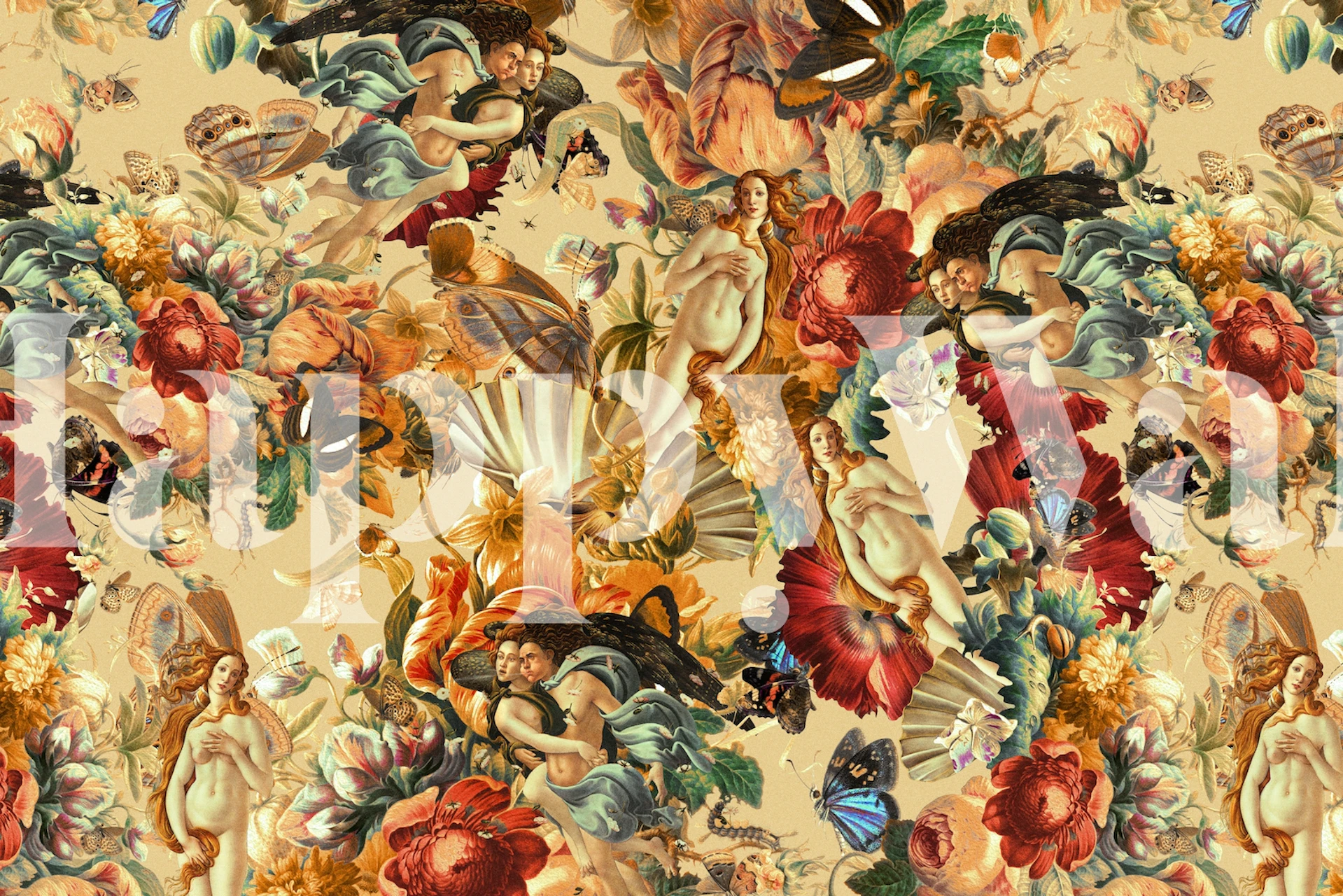 Colorful floral and mythical Venus pattern wallpaper