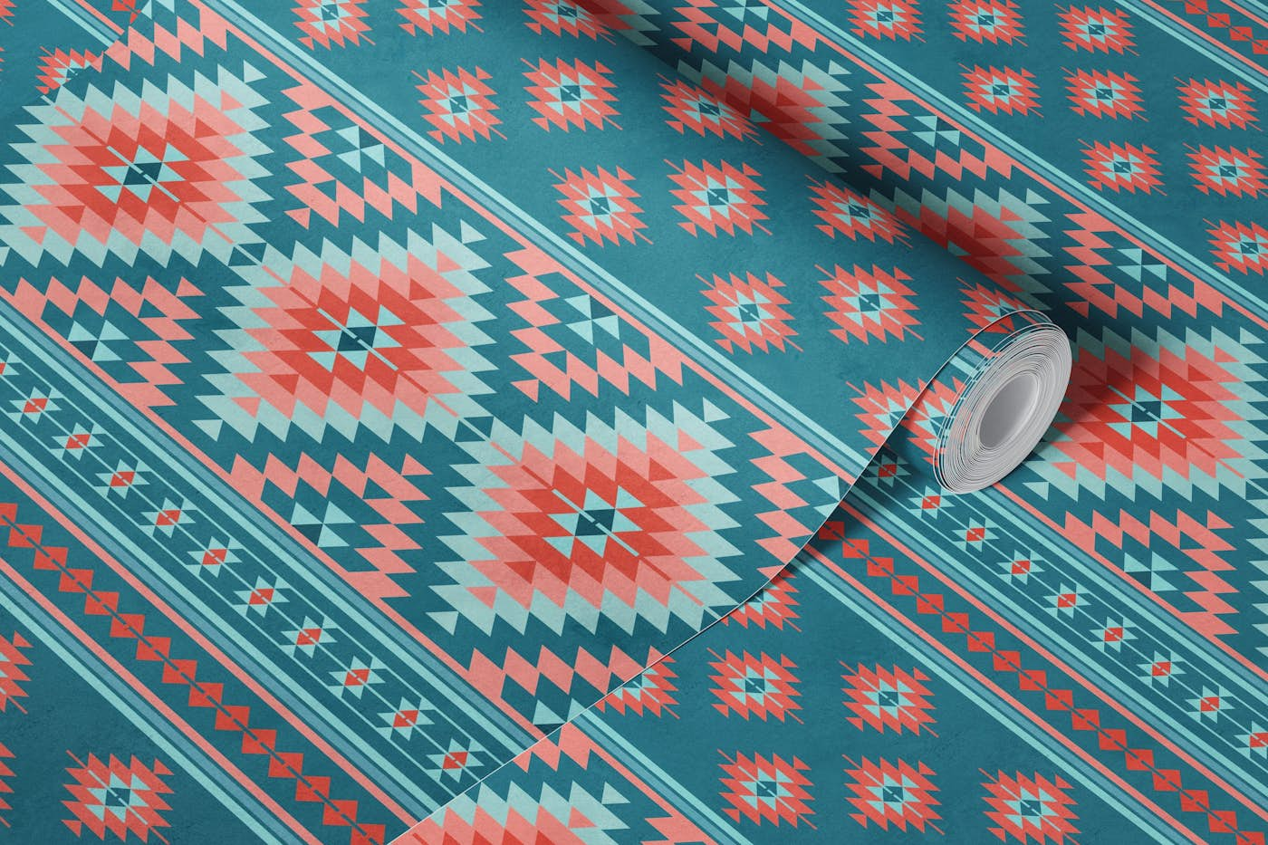 Kilim stripes in teal blue coral red wallpaper roll