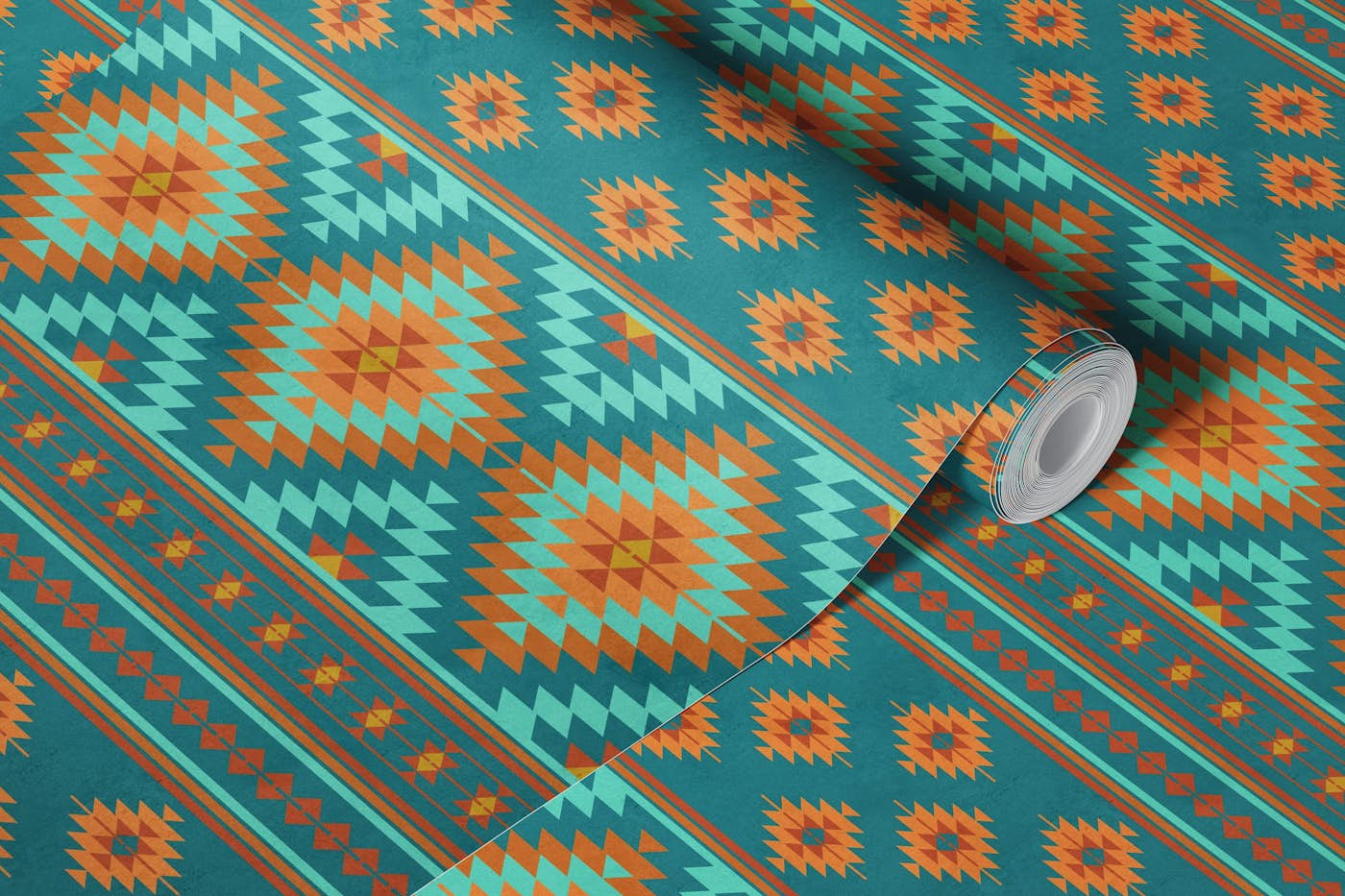 Kilim stripes in aqua teal orange wallpaper roll