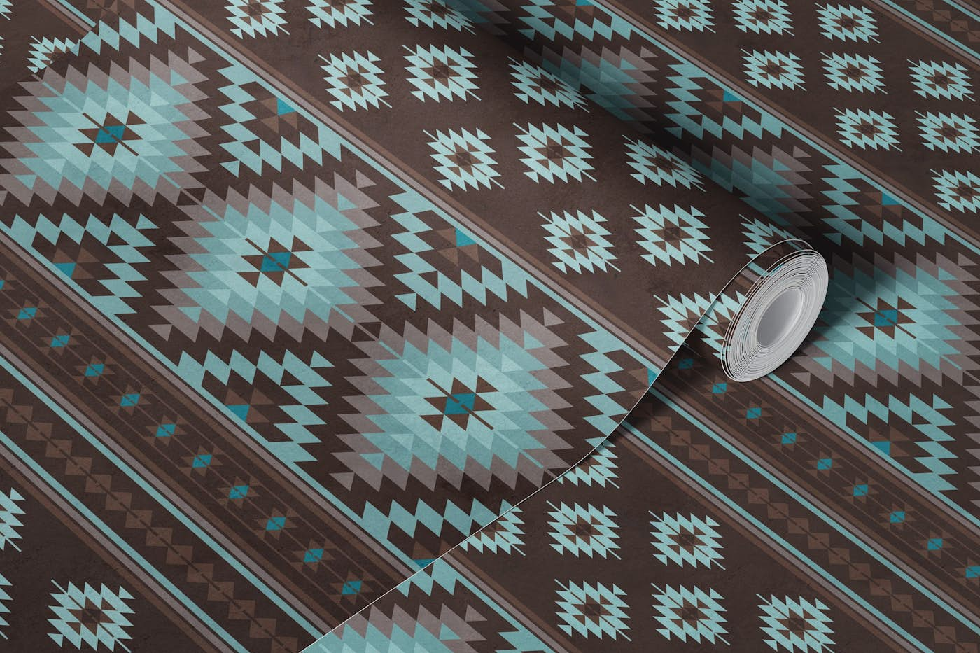 Kilim stripes in brown and blue wallpaper roll