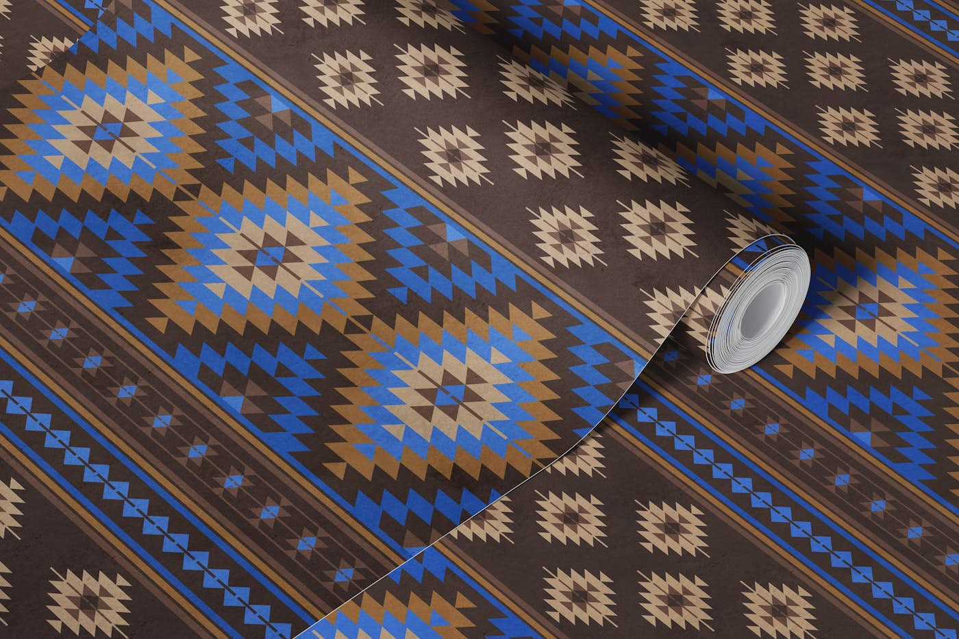 Kilim stripes in cobalt blue beige brown wallpaper roll