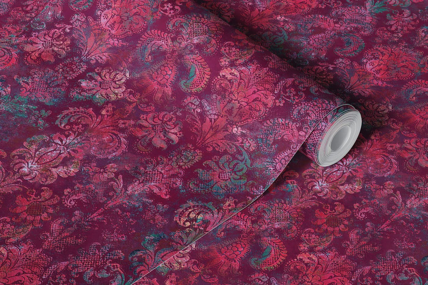 Grunge Damask Pattern Burgundy Emerald wallpaper roll