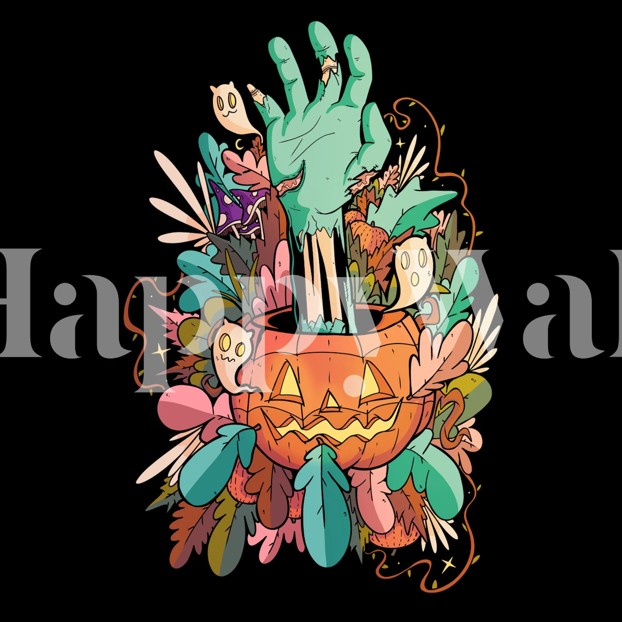 Kleurvol behangontwerp met een pompoen