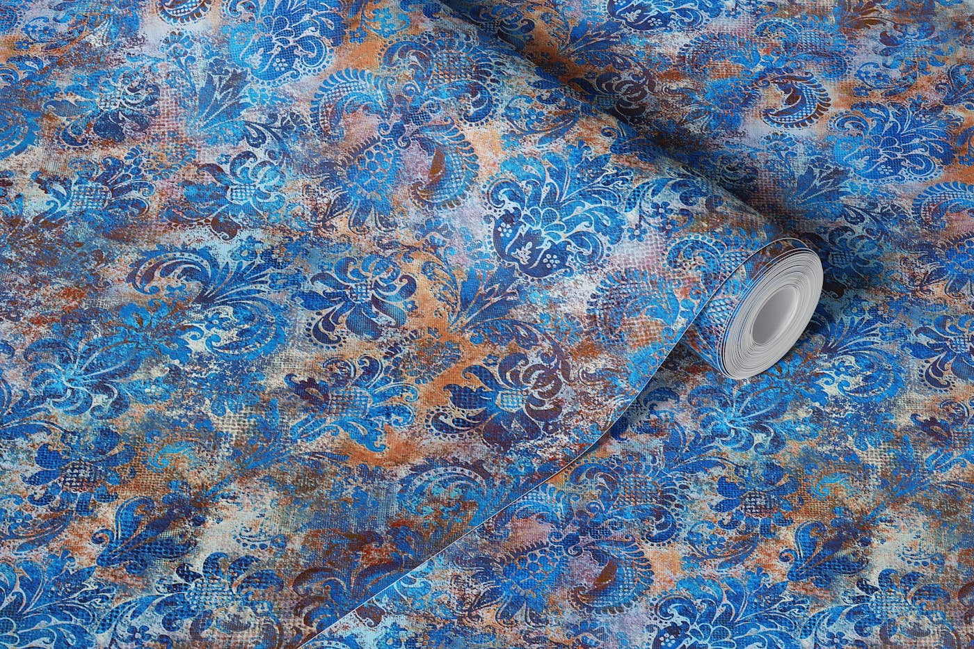 Grunge damask pattern cobalt blue rust wallpaper roll