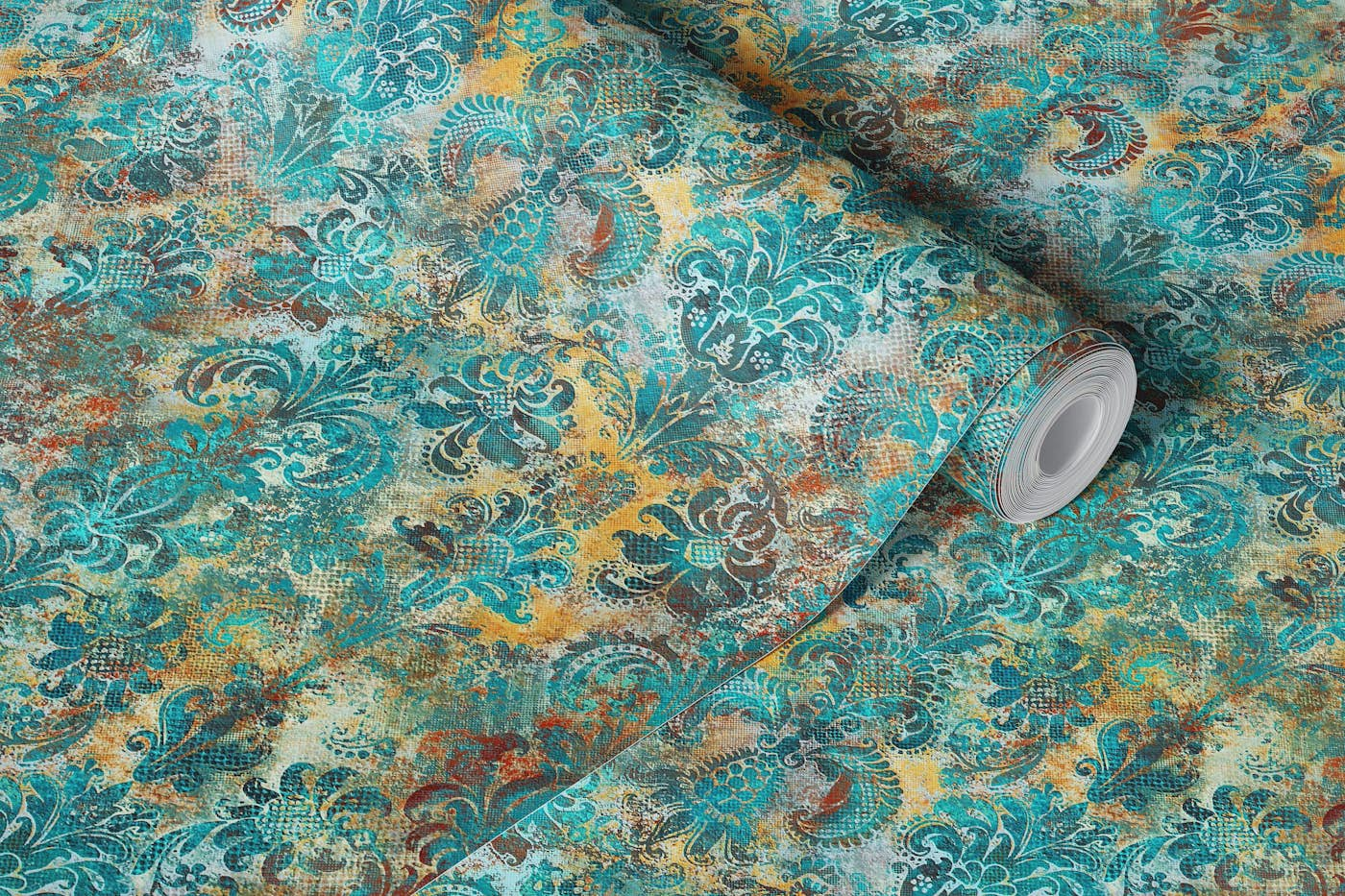 Grunge damask pattern tiffany mustard wallpaper roll