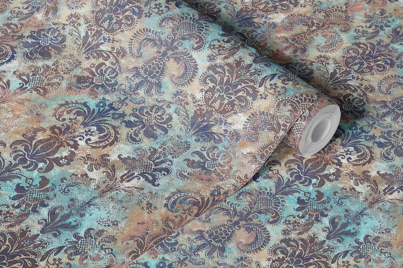 Grunge damask pattern mauve blue orange wallpaper roll