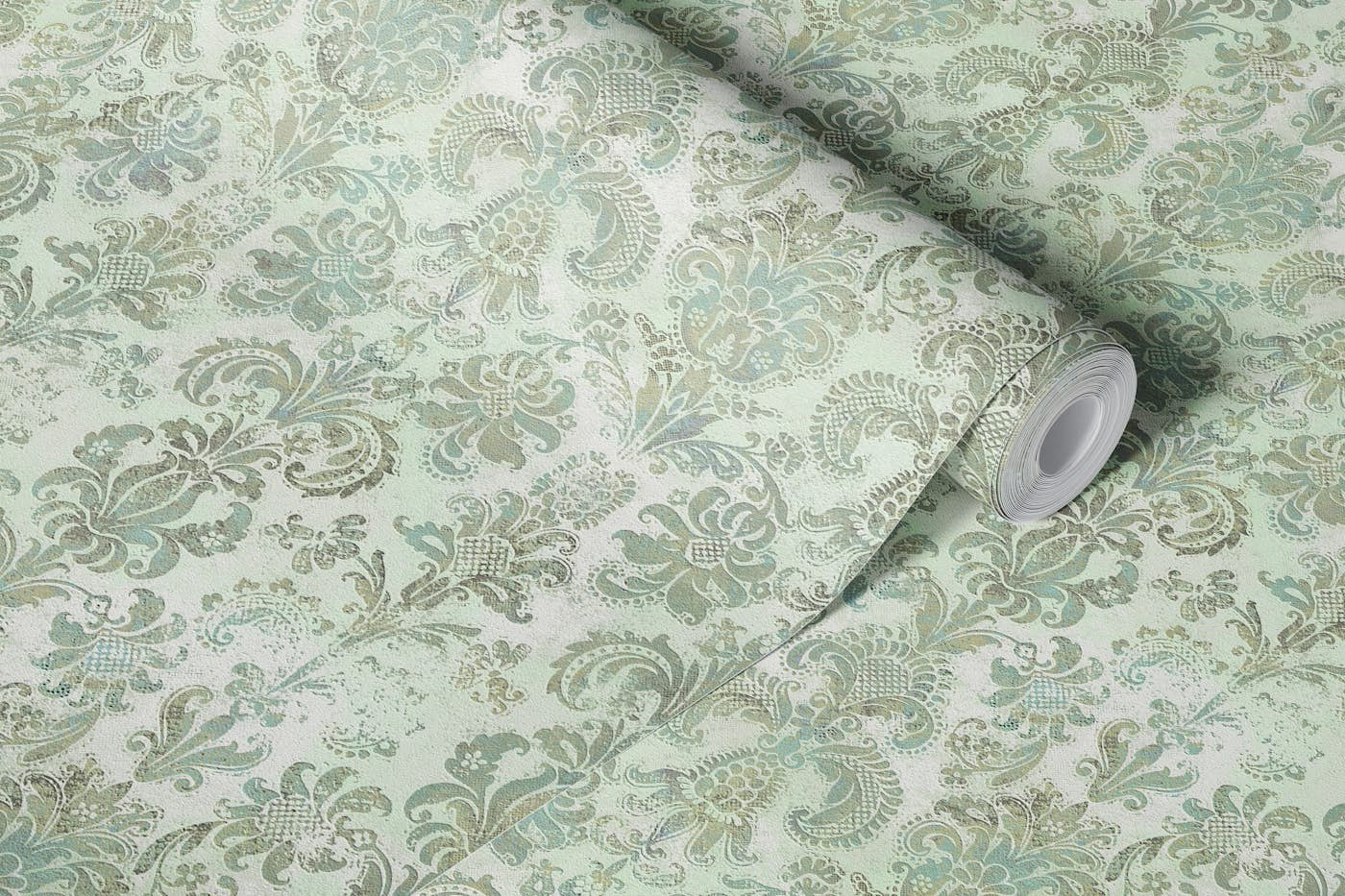 Grunge damask pattern sage mint duck wallpaper roll