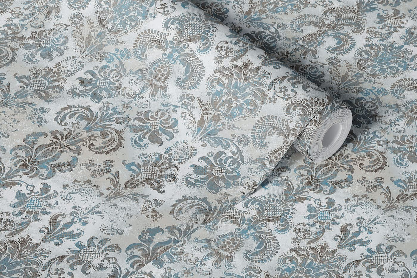 Grunge damask pattern slate blue grey brown wallpaper roll