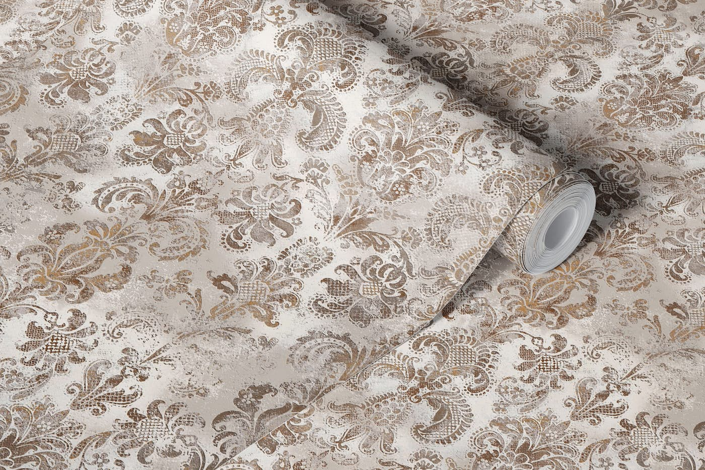 Grunge damask pattern beige rust ochre cream wallpaper roll