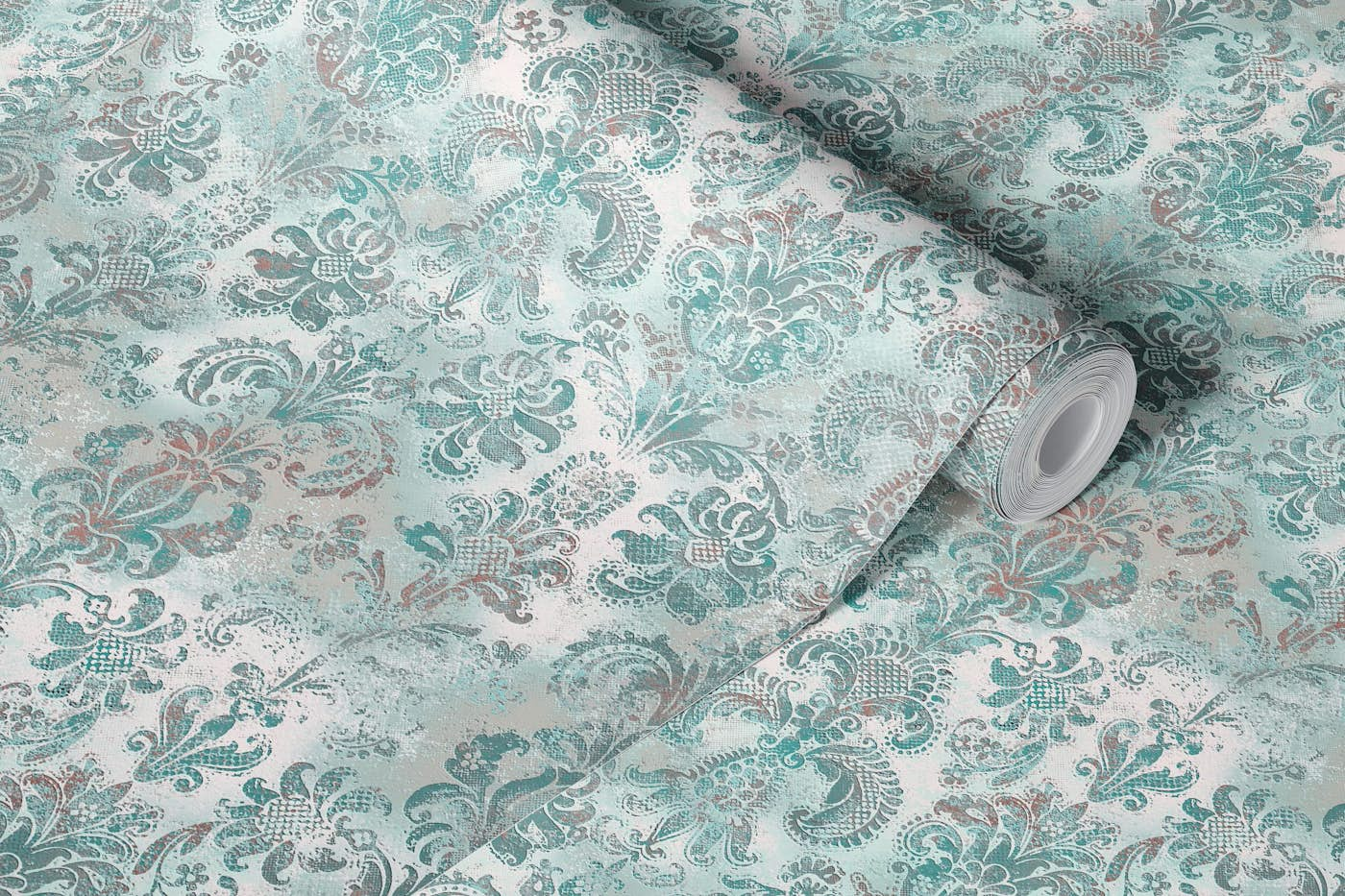 Grunge damask pattern mint blue green blush pink white wallpaper roll