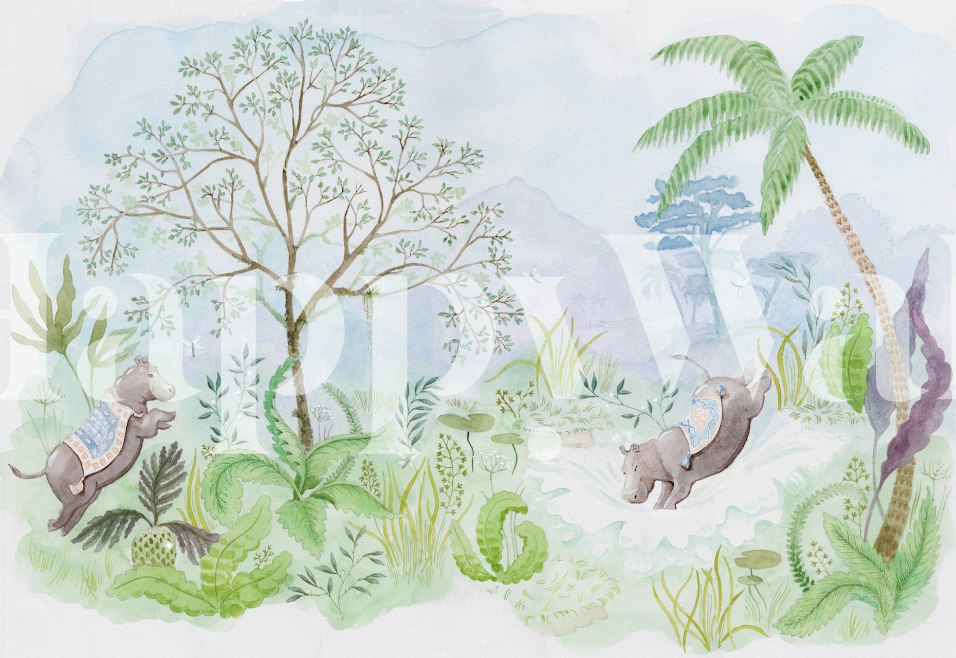 Tropisch dieren thema met olifanten en groene planten wallpaper