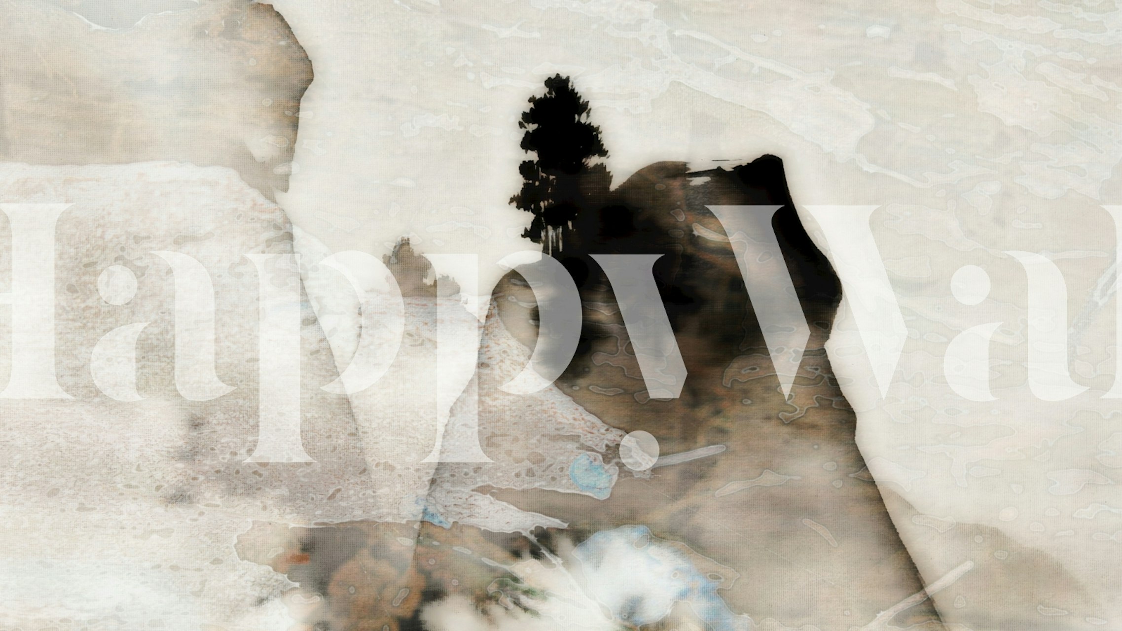 Neutral-toned wall mural depicting a Japanese pine tree in a misty landscape