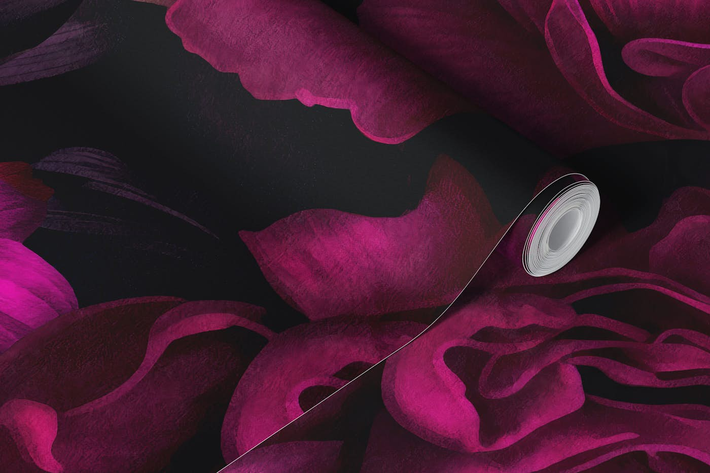 Velveteen Dark Moody Flowers Fuchsia Pink wallpaper roll