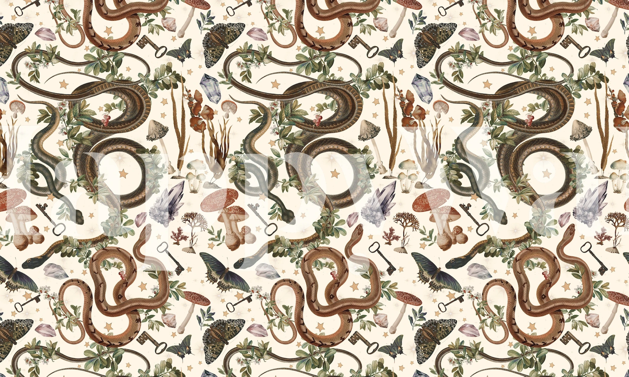 Serpents, mushrooms, and plants on cream background wallpaper